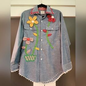 Vtg 70s Big Mac Chambray Folk Art Shirt Patchwork Appliqué Flowers Hippie